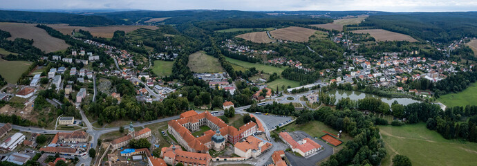 Aerial view around the city plasy in the czech Republic on a sunny morning in summer.