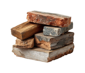 Building materials stacked wood and stone blocks workshop view isolated on transparent background, png