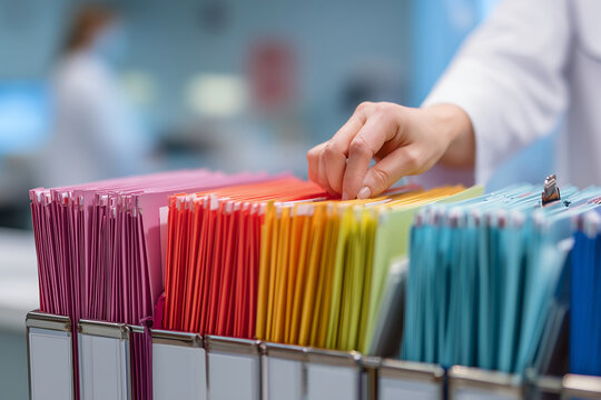 Medical staff holding colorful folders in clinical office