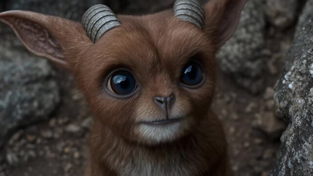 Furry brown faun with horns looks at the camera.