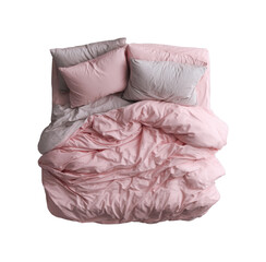 Cozy bedroom scene with pink bedding home minimalist top view isolated on transparent background, png