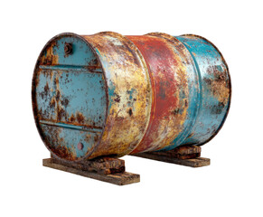 Rusty industrial barrels in abandoned warehouse grunge style unique perspective isolated on transparent background, png