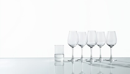 Empty wine glasses arranged on a reflective surface with a white background