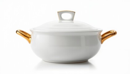 Elegant white ceramic pot with a golden handle and lid on a white background
