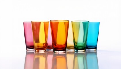 Colorful glasses in a row with reflection on a white background

