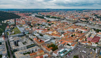 Aerial view around the city capitol Prague in the czech Republic on a sunny morning in summer.
