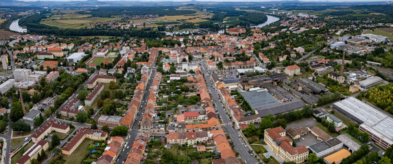 Aerial view around the city Roudnice nad Labem in the czech Republic on a sunny morning in summer.
