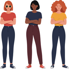 Fototapeta premium Three confident young women standing with folded arms in casual outfits and sneakers vector illustration 