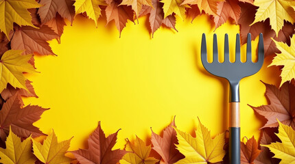 Autumn leaf frame: colorful leaves and rake on bright yellow background