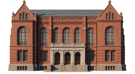 Classic Red Brick Educational Institution on Isolated Transparent Background

