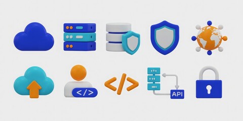 Set of 10 3D icons for cloud computing and data on a white background, ideal for technology websites and  software interfaces