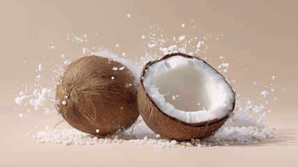 Whole and halved coconuts with coconut milk splashing on a beige background