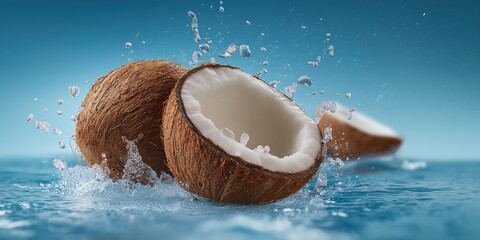 Coconuts splashing in blue water with a vivid tropical backdrop