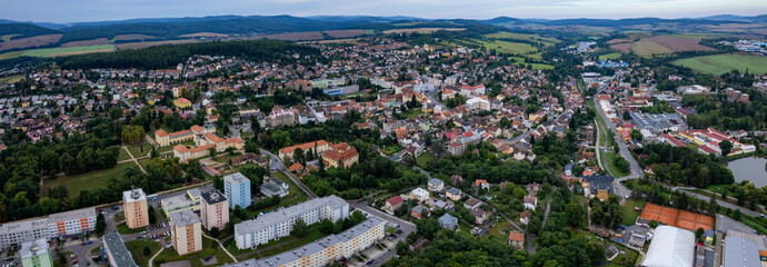 Aerial view of the city Horovice in the Czech Republic. on a cloudy day in spring