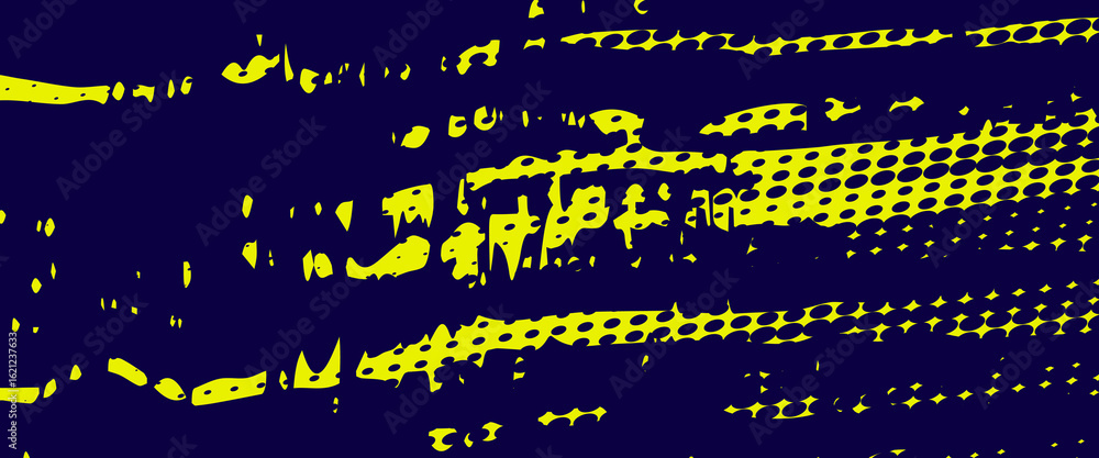 Poster yellow halftone on blue background. vector dotted sparkles or halftone shine pattern texture pop art