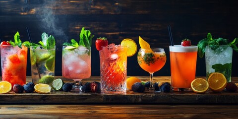 Vibrant and refreshing cocktails, perfect for a summer's day. Flavored with fruit syrups and garnished with fresh fruits.
