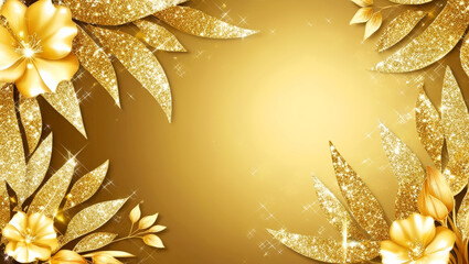 Golden glittering leaves and soft floral corners on radiant background. Ideal for luxury event invites, festive cards, and elegant decorative projects