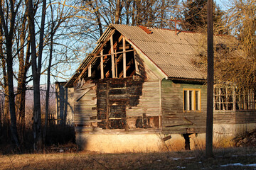 Obraz premium A wooden house with extensive fire damage and missing boards exposes its skeletal beams and charred panels, standing on a cracked foundation amid wild undergrowth at forest’s edge