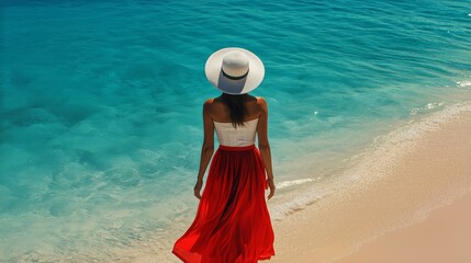 Woman in a Red Skirt and Sun Hat Walking Along a Sandy Beach Near Turquoise Water on a Sunny Day