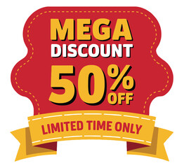 Mega Discount 50% Off Red Badge Yellow Ribbon Vector Limited Time Sale Promotion Marketing Label