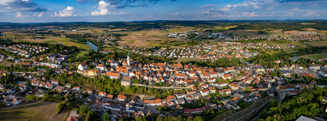 Aerial view around the city Nabburg in Germany on a sunny day in spring.