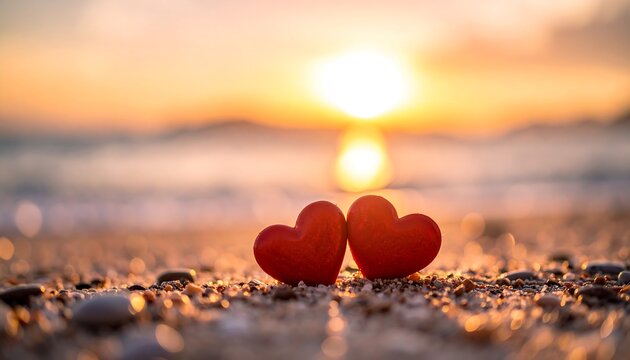 Two red hearts on a beach at sunset