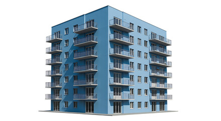 Modern Blue Apartment Building with Balconies On Isolated Transparent Background

