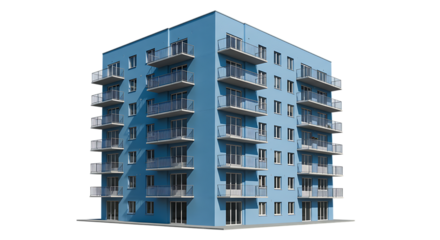 Modern Blue Apartment Building with Balconies On Isolated Transparent Background

