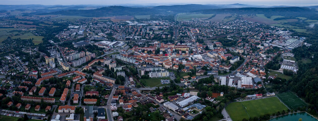 Aerial view of the city Rokycany in Germany, Bavaria. on a cloudy day in spring