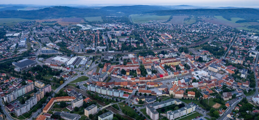 Aerial view of the city Rokycany in Germany, Bavaria. on a cloudy day in spring