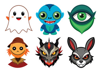 A funny collection of cute cartoon animal and alien monsters with various expressions and faces