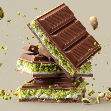 animated action shot dubai chocolate thin Hershey's bar stacked on top of each other in a triangle format showing the pistachio & GREEN only kunafa on the inside with a white background and very clear