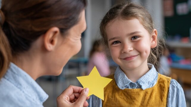 A beaming young student receives a golden star from a caring educator, capturing a moment of recognition and academic achievement. A moment of encouragement and a symbol of success.