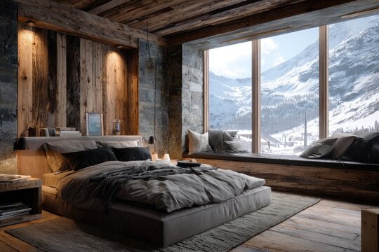 Mountain view bedroom, rustic wood cabin, cozy bed, snowy landscape, winter escape