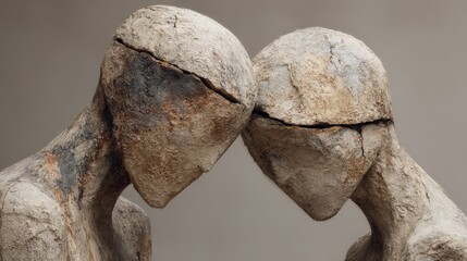Two broken sculptures touching heads representing empathy and connection