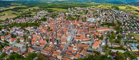 Aerial view of the city Altdorf in Germany, Bavaria. on a cloudy day in spring