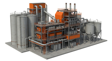 Industrial Manufacturing Plant with Storage Silos on Isolated Transparent Background

