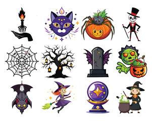 Spooky halloween vector icon set with pumpkin, bat, cat, ghost, and witch illustrations for autumn holiday party design