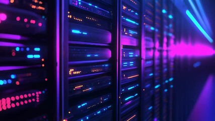 Server room blinking with purple and orange lights in data center - Powered by Adobe