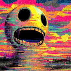 Screaming pixelated face with glitch effect against colorful clouds