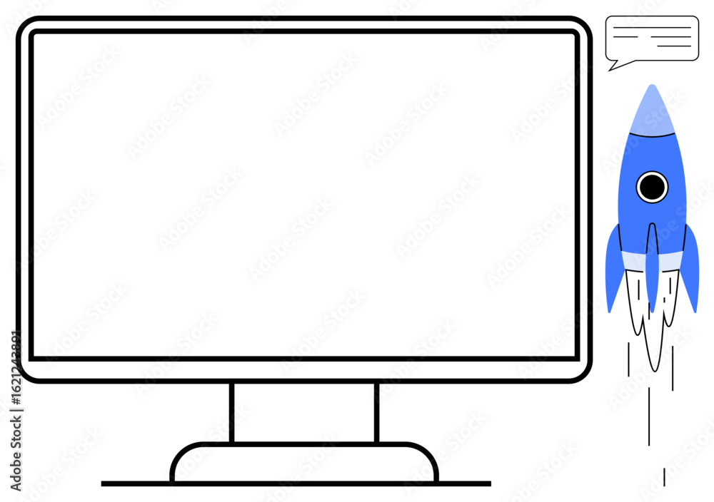 Poster blank computer screen and blue rocket launching with speech bubble indicating creativity and progres