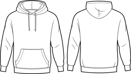 Blank hoodie front and back technical sketch, fashion template, casual sweatshirt design for apparel mockup