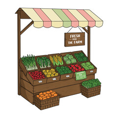 Farmers market stand with fresh vegetables displayed under striped canopy