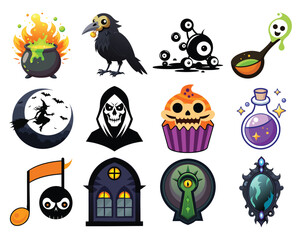 Halloween monsters and icons set with cute cartoon animals and spooky characters