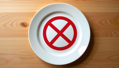 Minimalistic white plate with a red crossed-out meat icon in the center  