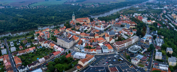 Aerial view of the city melnik in the czech Republic on a rainy summer day.