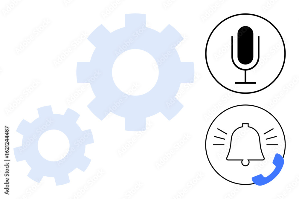 Poster microphone and notification icons paired with gear elements communicating voice input, automation, a