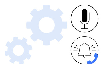 Microphone and notification icons paired with gear elements communicating voice input, automation, and alert settings. Ideal for technology, workflow optimization, app interface, innovation, smart