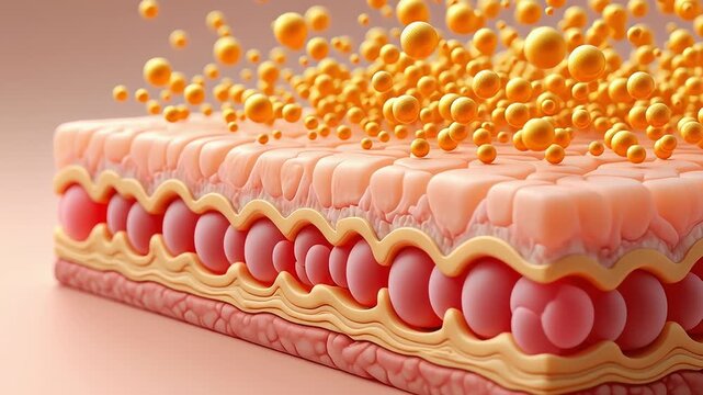 Skin layers cross-section, skincare absorption, dermatology visualization, cosmetic treatment effect, epidermis illustration, beauty science concept, cellular regeneration