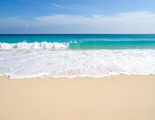 Fototapeta premium Beautiful tropical beach with gentle turquoise waves washing over smooth golden sand, creating a peaceful and minimal coastal scene. Ideal for summer, travel, and relaxation themes